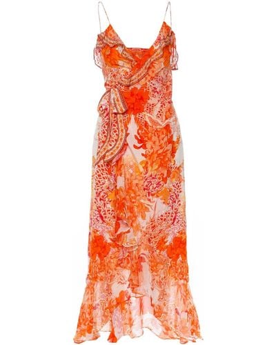 Camilla Frilled Wrap Midi Dress - Orange