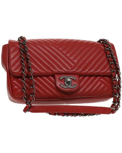 Chanel Chain Shoulder Bag Lamb Skin Cc Auth Bs3636a - Red