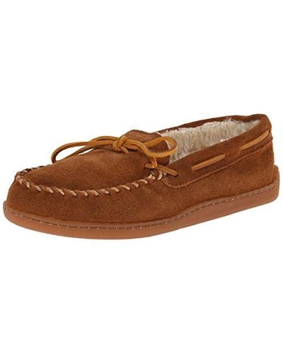 Minnetonka Pile Lined Hardsole Suede Faux Fur Lined Moccasin Slippers - Brown