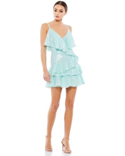 Ieena for Mac Duggal Sequined Ruffle Tiered Faux Wrap Mini Dress - Blue