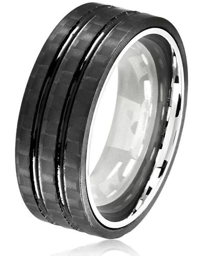 Crucible Jewelry Crucible Los Angeles Stainless Steel Carbon Fiber Dual Grooved Comfort Fit Ring - Metallic