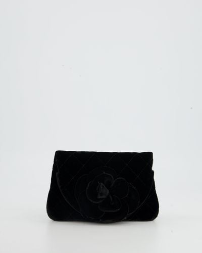 Chanel Velvet Diamond Clutch Bag With Camellia Detailing - Black