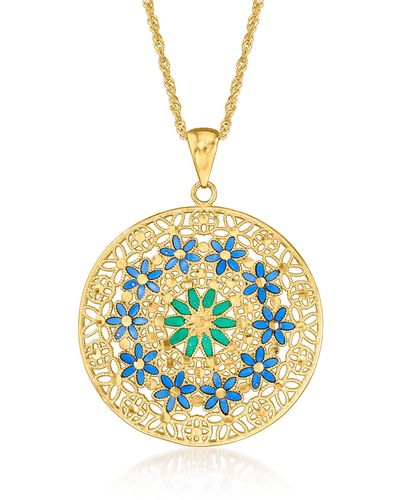 Ross-Simons Italian And Green Enamel Floral Medallion Pendant Necklace - Metallic