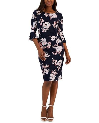 Connected Apparel Floral Gathered Sheath Dress - Blue