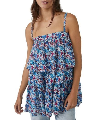 Free People Tiered Floral Print Tunic Top - Blue