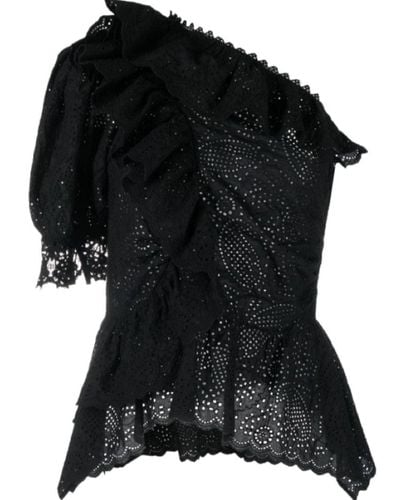 Ulla Johnson Solid Julianna Lace One Shoulder Puffed Sleeve Peplum Blouse - Black