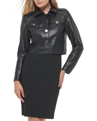 DKNY Collared Cropped Leather Jacket - Black