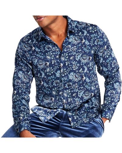 INC Edward Floral Collared Button-down Shirt - Blue