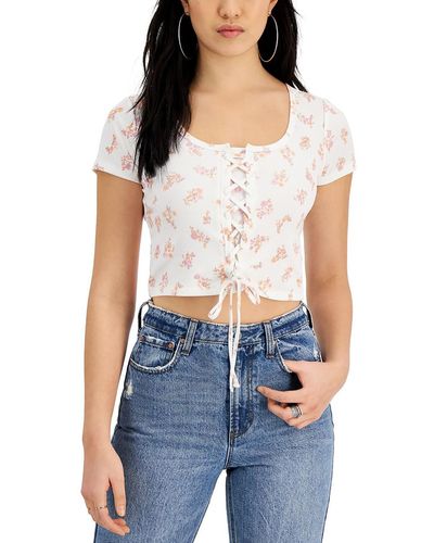 Pink Rose Juniors Ribbed Floral Cropped - Blue