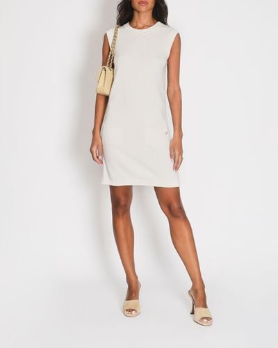 Chanel Cream Cashmere Sleeveless Mini Dress With Pearls And Cc Logo Detail - White