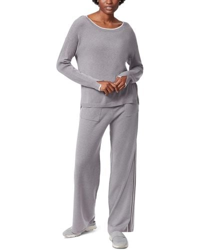 Anne Klein Contrast Trim Jewel Neck Pullover Sweater - Gray
