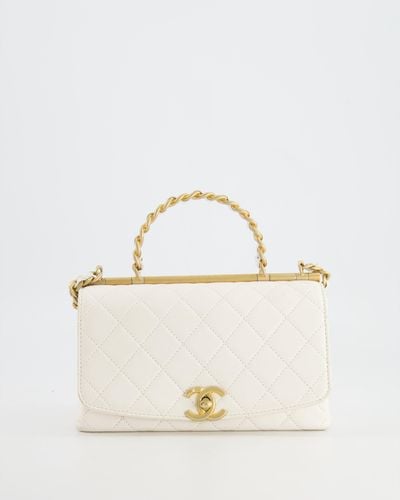 Chanel Lambskin Leather Small Flap Bag With Brushed Gold Chain Top Handle - White