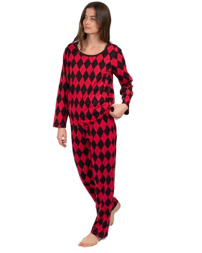 Leveret Christmas Two Piece Cotton Loose Fit Pajamas Argyle - Red