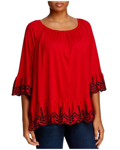 SINGLE THREAD Eyelet Trim Off-the Shoulders Peasant Top - Red