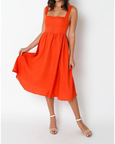 Olivaceous Square Neck Linen Midi Dress - Orange