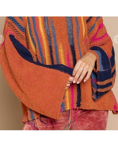 Pol Oversized Colorful Fringe Sweater - Orange