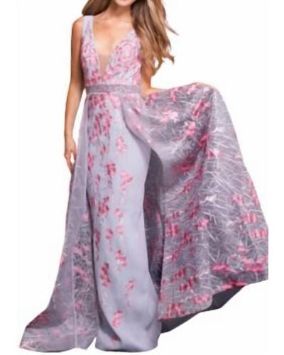 Jovani Embroidered Floral Gown In Grey/pink - Purple