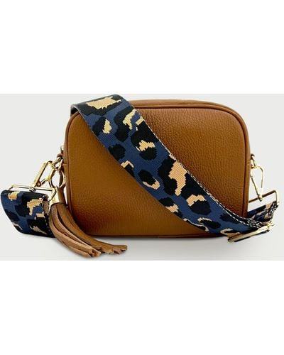 Apatchy London Tan Leather Crossbody Bag With Navy Leopard Strap - Brown