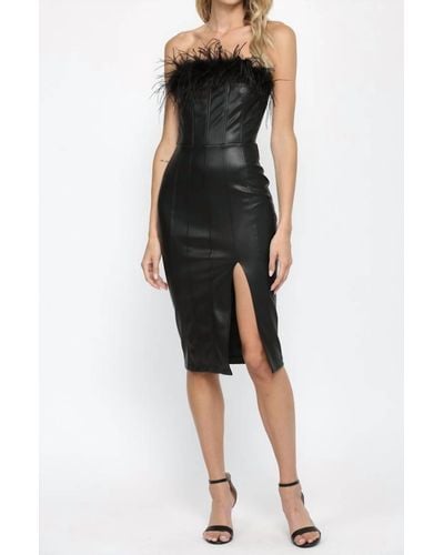 Fate Lola Faux Leather Strapless Dress With Feather Trim In Black