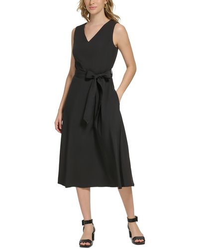 Calvin Klein V-neck Long Fit & Flare Dress - Black