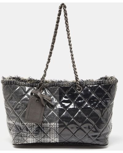 Chanel Quilted Vinyl And Tweed Funny Patchwork Tote - Black