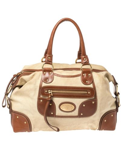 Bally /brown Canvas And Leather Zip Pocket Satchel