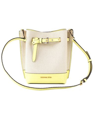 Michael Kors Emilia Small Canvas Snakeskin Print Leather Bucket Bag Messenger Crossbody Handbag (buttercup) - Multicolor