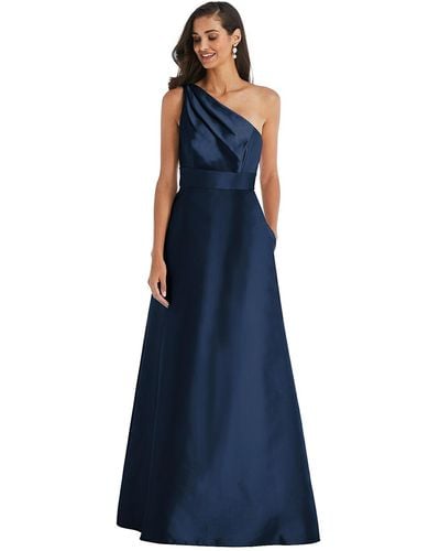 Alfred Sung Draped One-shoulder Satin Maxi Dress With Pockets - Blue