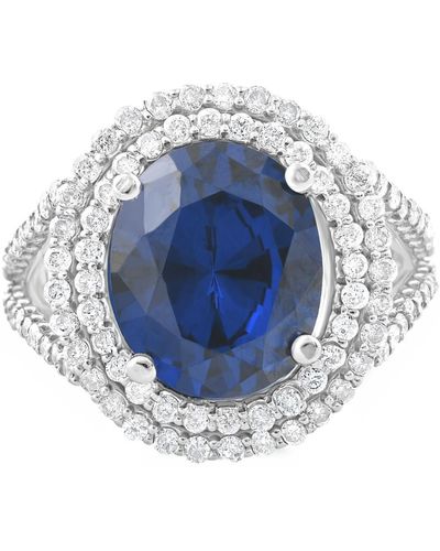 Pompeii3 6 1/5 Ct Diamond Oval Blue Sapphire Diamond Double Halo Ring 10k White Gold