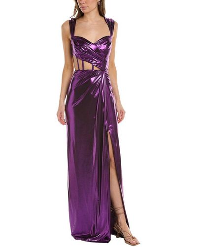 Marchesa Off Shoulder Lamé Gown With Draped Bodice - Purple