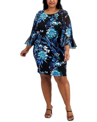 Connected Apparel Plus Floral Print Angel Sleeve Party Dress - Blue