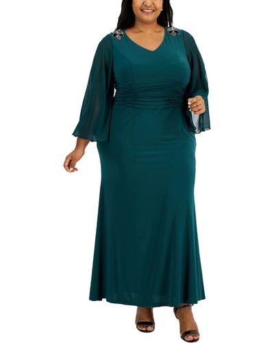 SLNY Plus Beaded Long Evening Dress - Green