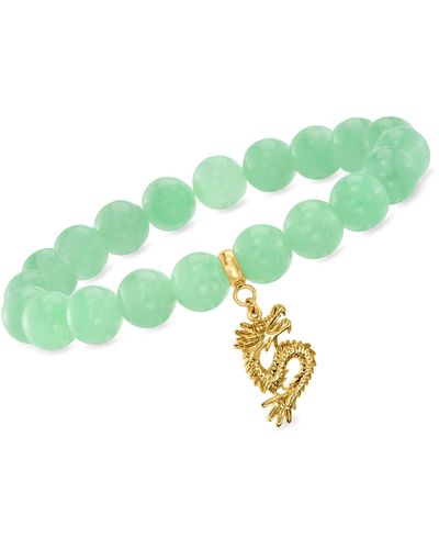 Ross-Simons 10-10.5mm Jade Bead Stretch Bracelet With 18kt Gold Over Sterling Dragon Charm - Green