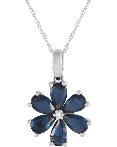 Non-Branded Lb Exclusive 14k White Gold 0.01ct Diamond And Sapphire Flower Pendant Necklace Pd4-15845wsa - Blue