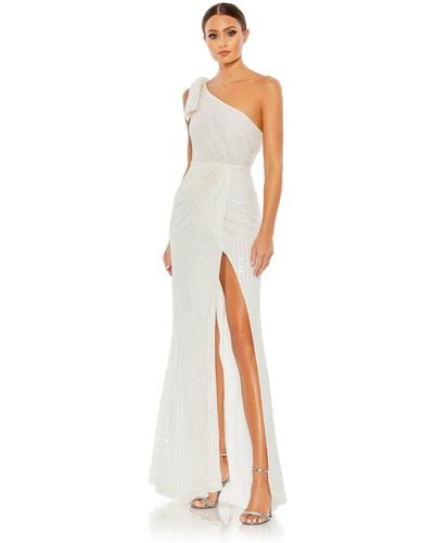 Mac Duggal Pearl Embellished Soft Tie One Shoulder Gown - White