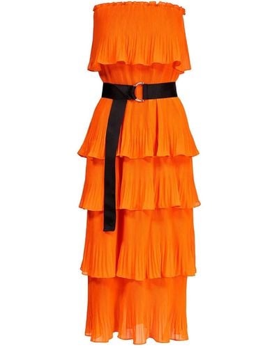 Essentiel Antwerp Dewave Ha07 Pleated Ruffle Strapless Midi Dress - Orange