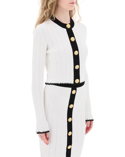 Balmain Bicolor Knit Cardigan With Embossed Buttons - White