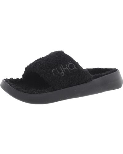 Ryka Aimi Cozy Faux Fur Lined Slip On Slide Sandals - Black