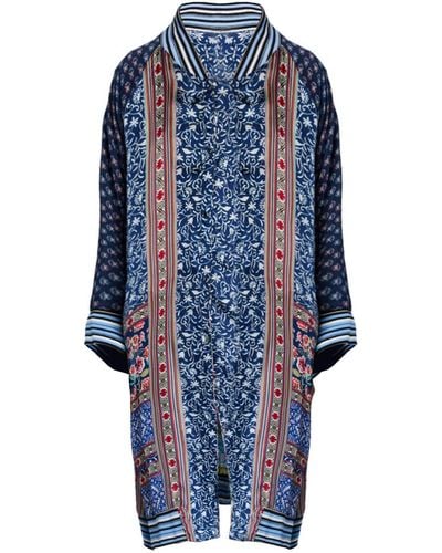 Johnny Was Reversible Silk Long Fiori Silk Twill Kimono Coat - Blue