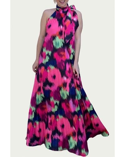 Abbey Glass Poppy Pleated Satin Maxi Dress - Pink