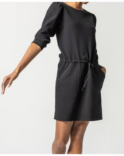 Lilla P Shirred Sleeve Drawstring Waist Dress - Black