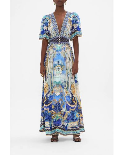 Camilla Shaped Waistband Dress With Flutter Sleeves Views Of Vesuvius - Blue