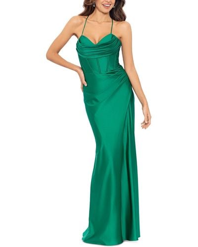 Aqua Satin Corset Evening Dress - Green