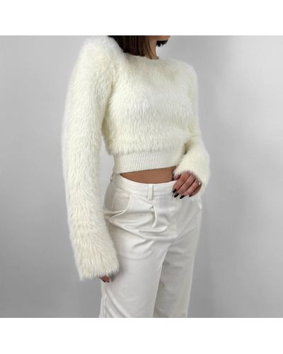 Crescent Cropped Wide Sleeve Fuzzy Sweater - White