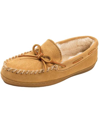 Minnetonka Pile Lined Hardsole Suede Casual Moccasin Slippers - Natural