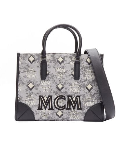 MCM Vintage Logo Jacquard Canvas Embroidery Small Tote Bag - Gray