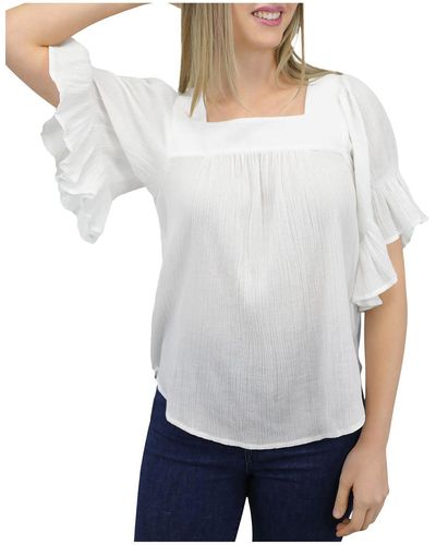 Beach Lunch Lounge Crinkle Gauze Square-neck Pullover Top - White