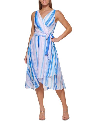 DKNY Faux Wrap Tea Length Wrap Dress - Blue