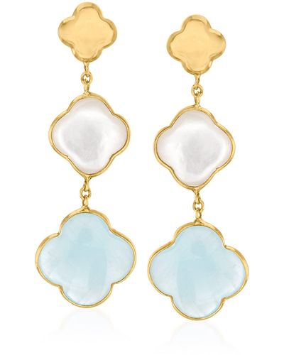 Ross-Simons Italian Mother-of-pearl And Aquamarine Clover Drop Earrings - Blue