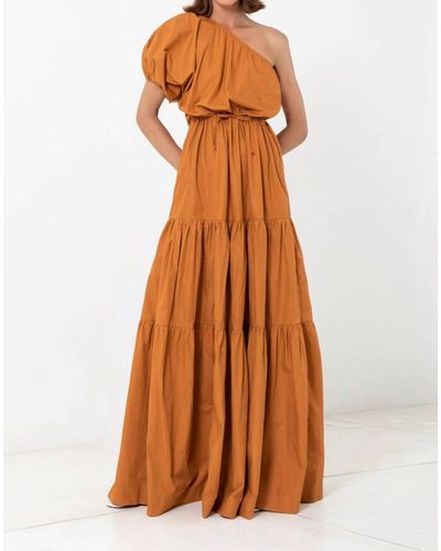 SWF One Shoulder Puff Sleeve Maxi Dress In Tuscan Sun - Orange